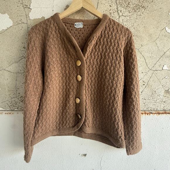 Vintage Cardigan Sweater Gold Button Front Textured Knit 70s Grandma Cottagecore - Picture 1 of 6
